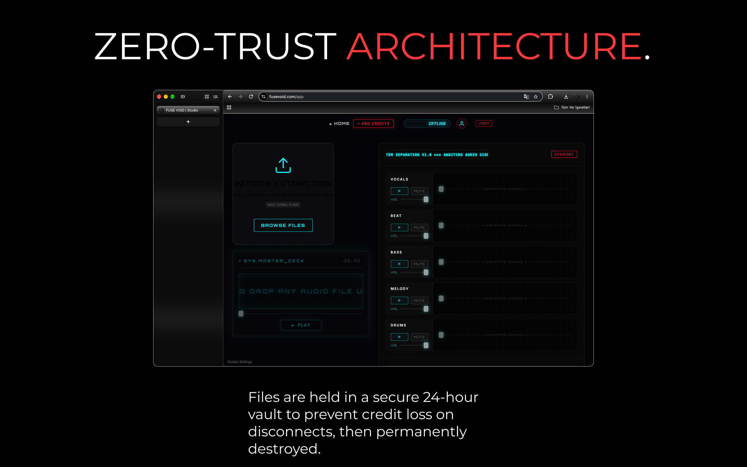 Zero-Trust Architecture for online stem splitting. Secure 24-hour vault processing for Traktor Pro and Serato Stems DJs.